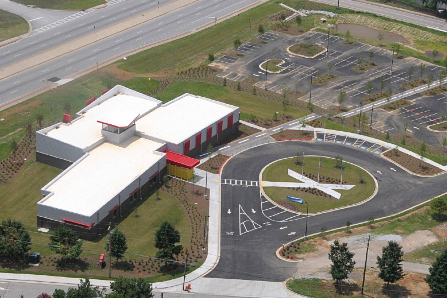 bird’s-eye view of a building and its wide parking space